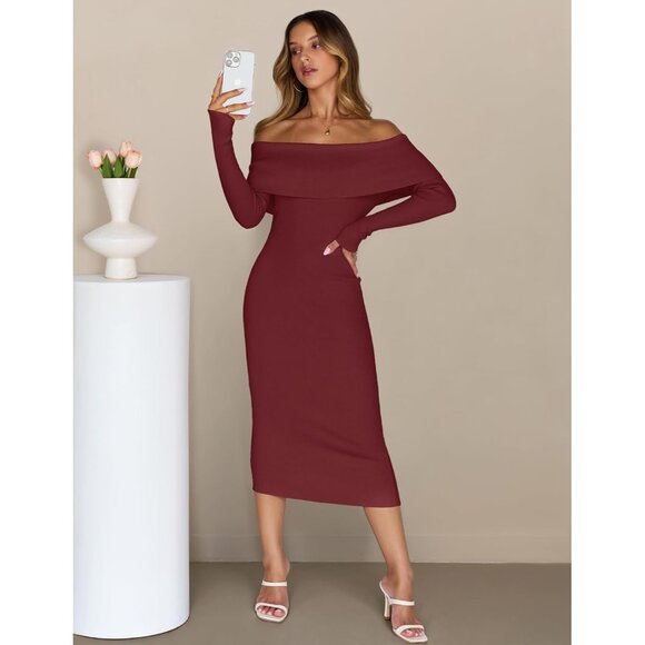 Merokeety Women's Burgundy Off Shoulder Long Sleeve Elegant Bodycon Midi Dress - Picture 7 of 9